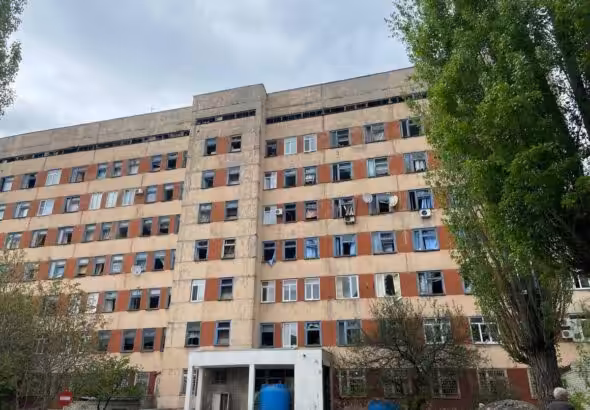 A damaged healthcare facility is seen in the town of Gorlovka in the wake of a Ukrainian strike on April 18, 2024. Photo: Telegram/Prikhodko1970.