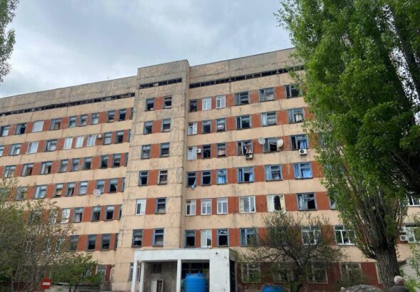 A damaged healthcare facility is seen in the town of Gorlovka in the wake of a Ukrainian strike on April 18, 2024. Photo: Telegram/Prikhodko1970.