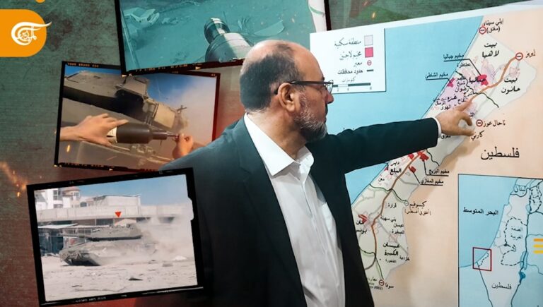 Ali Baraka, head of Hamas' Foreign Relations Department pointing at an are in besieged Gaza. Photo: Hawraa Ali/Al Mayadeen Net.