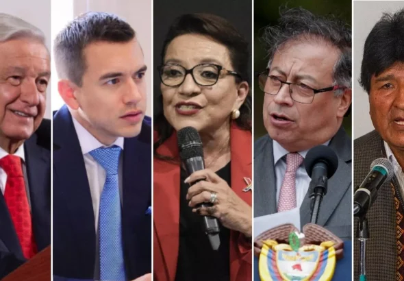From left to right: Mexican President Andrés Manuel López Obrador, Ecuadorian President Daniel Noboa, Honduran President Xiomara Castro, Colombian President Gustavo Petro, and Bolivian ex-President Evo Morales. Photo: Government of Mexico/X/@DanielNoboaOk/AP/Moises Castillo/Iván Valencia/AFP/Claudio Cruz.