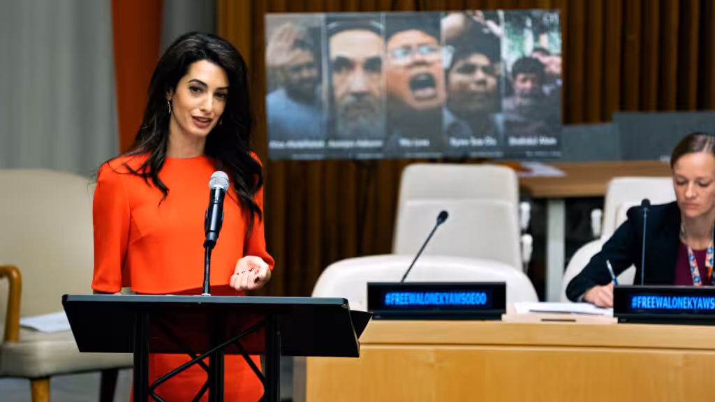 Amal Clooney speaks during a conference called “Press Behind Bars: Undermining Justice and Democracy” at the 73rd session of the United Nations General Assembly at U.N. headquarters, Sept. 28, 2018. Photo: Craig Ruttle/AP.