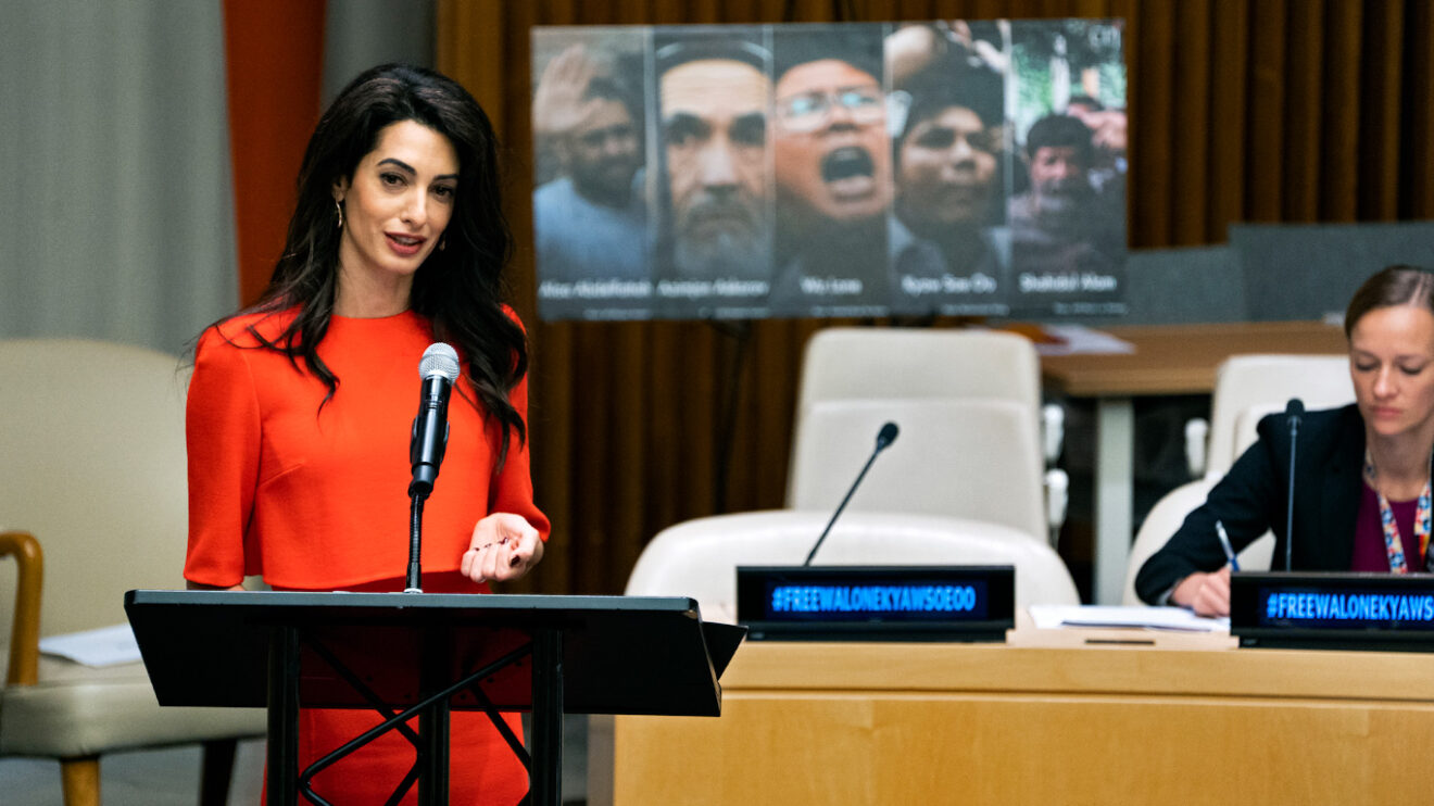 Amal Clooney speaks during a conference called “Press Behind Bars: Undermining Justice and Democracy” at the 73rd session of the United Nations General Assembly at U.N. headquarters, Sept. 28, 2018. Photo: Craig Ruttle/AP.