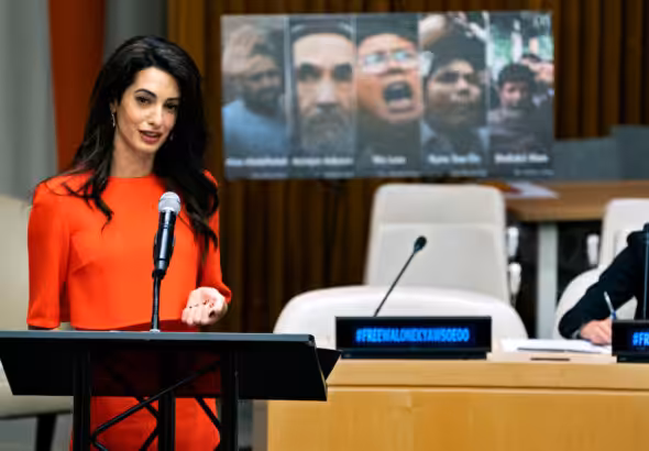 Amal Clooney speaks during a conference called “Press Behind Bars: Undermining Justice and Democracy” at the 73rd session of the United Nations General Assembly at U.N. headquarters, Sept. 28, 2018. Photo: Craig Ruttle/AP.