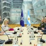 Argentinian Defense Minister Luis Petri (right) meets with NATO Deputy Secretary General Mircea Geoana (left) to submit Argentina's application to become a NATO global partner, in Brussels, Belgium, April 18, 2024. Photo: NATO.
