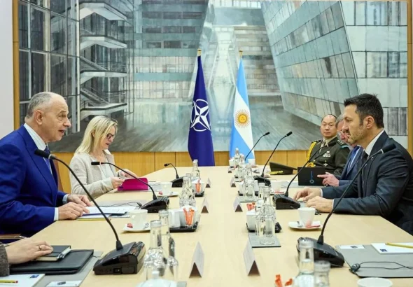 Argentinian Defense Minister Luis Petri (right) meets with NATO Deputy Secretary General Mircea Geoana (left) to submit Argentina's application to become a NATO global partner, in Brussels, Belgium, April 18, 2024. Photo: NATO.