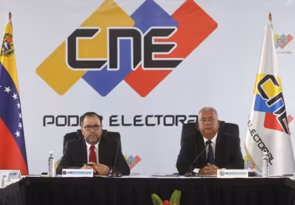 Venezuelan Foreign Affairs Minister Yván Gil and National Electoral Council President Elvis Amoroso at a press conference, April 4, 2024. Photo: EFE/Miguel Gutiérrez.