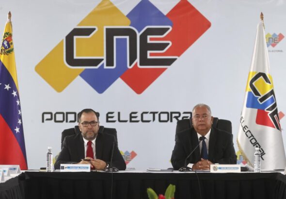 Venezuelan Foreign Affairs Minister Yván Gil and National Electoral Council President Elvis Amoroso at a press conference, April 4, 2024. Photo: EFE/Miguel Gutiérrez.