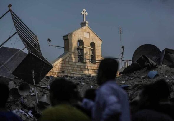 Civilians inspect the damage inflicted on the Greek Orthodox Church of Saint Porphyrius, the third oldest church in the world, which was bombed by the Israeli occupation in Gaza. Photo: X/@pmofa.