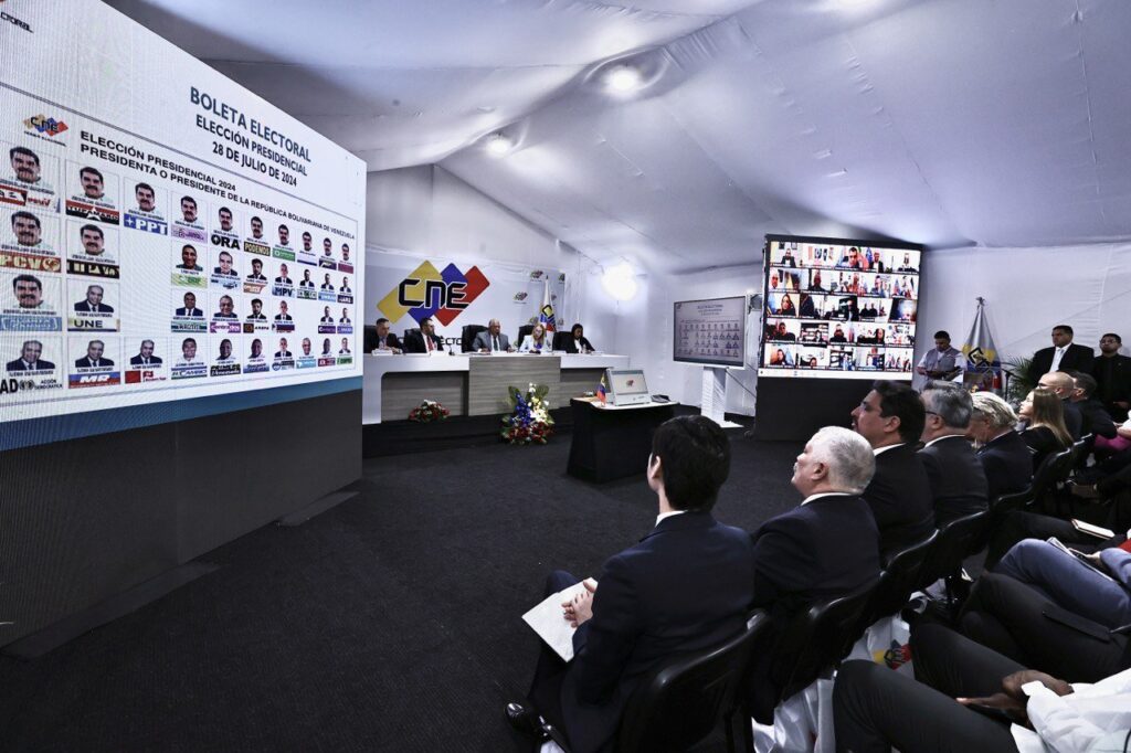 Venezuela's National Electoral Council (CNE) authorities updating the diplomatic corps about the development of the 2024 presidential elections schedule. Photo: X/@yvangil.