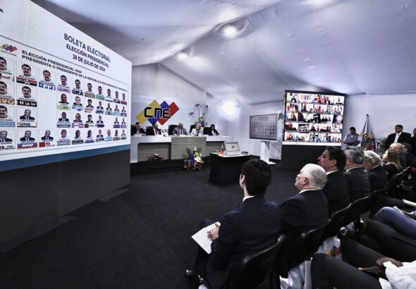 Venezuela's National Electoral Council (CNE) authorities updating the diplomatic corps about the development of the 2024 presidential elections schedule. Photo: X/@yvangil.
