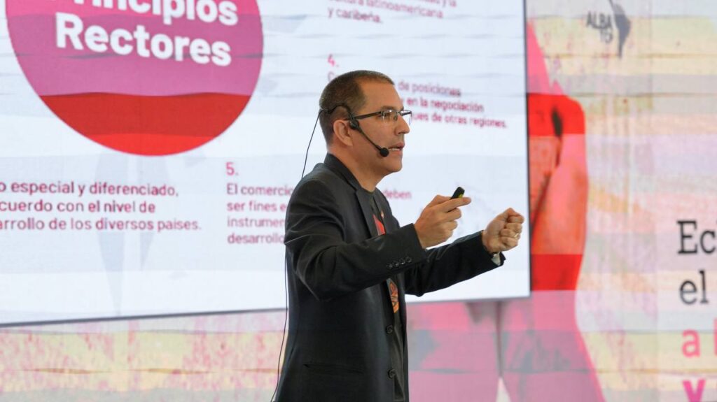Ambassador and Executive Secretary of the Bolivarian Alliance for the Peoples of Our America – People's Trade Treaty (ALBA-TCP) Jorge Arreaza speaking at the World Social Alternative Conference on  Friday, April 19, 2024. Photo: X/@ALBATCP.