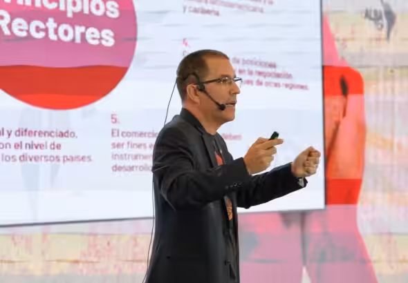 Ambassador and Executive Secretary of the Bolivarian Alliance for the Peoples of Our America – People's Trade Treaty (ALBA-TCP) Jorge Arreaza speaking at the World Social Alternative Conference on  Friday, April 19, 2024. Photo: X/@ALBATCP.