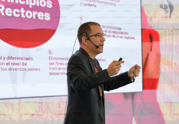 Ambassador and Executive Secretary of the Bolivarian Alliance for the Peoples of Our America – People's Trade Treaty (ALBA-TCP) Jorge Arreaza speaking at the World Social Alternative Conference on  Friday, April 19, 2024. Photo: X/@ALBATCP.