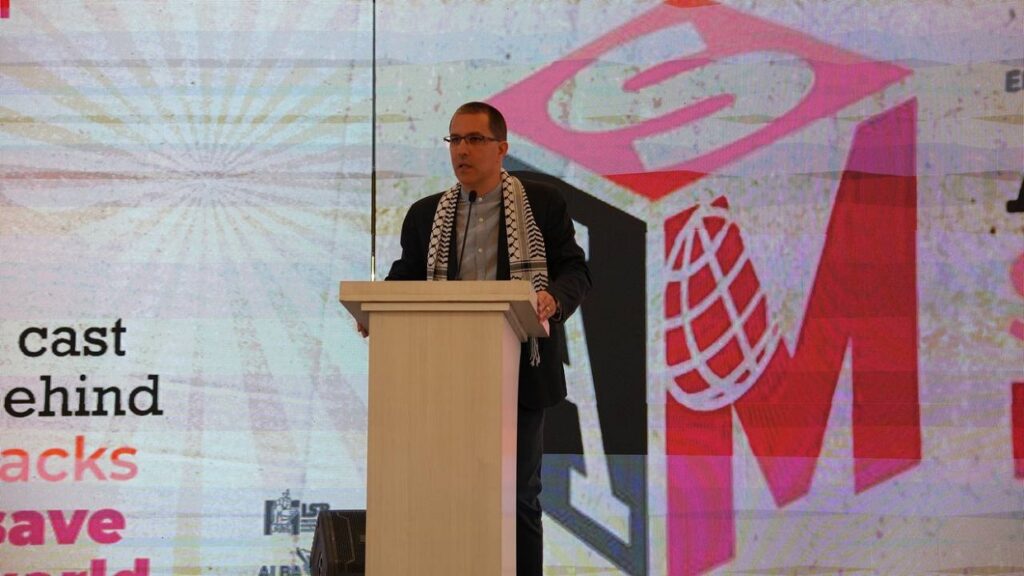 ALBA-TCP Executive Secretary Jorge Arreaza gives the welcome address at the Meeting for a World Social Alternative, in Caracas, Venezuela, April 18, 2024. Photo: X/@ALBATCP.