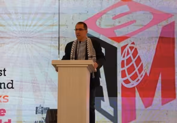 ALBA-TCP Executive Secretary Jorge Arreaza gives the welcome address at the Meeting for a World Social Alternative, in Caracas, Venezuela, April 18, 2024. Photo: X/@ALBATCP.