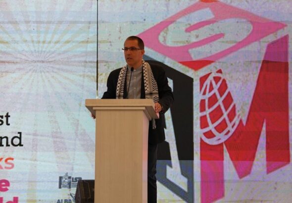ALBA-TCP Executive Secretary Jorge Arreaza gives the welcome address at the Meeting for a World Social Alternative, in Caracas, Venezuela, April 18, 2024. Photo: X/@ALBATCP.