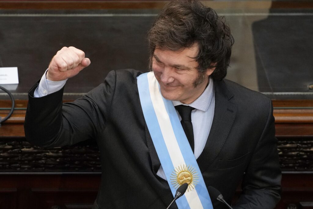 Argentinian President Javier Milei during his address to parliamentarians at the legislative session on March 1, 2024. Photo: AP/Natacha Pisarenko.