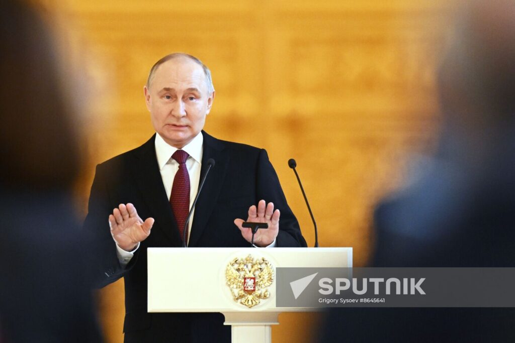 Russian President Vladimir Putin delivers a speech during a meeting with election campaign workers at the Grand Kremlin Palace, in Moscow, Russia, March 20, 2024. Photo: Grigory Sysoev/Sputnik.