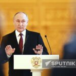 Russian President Vladimir Putin delivers a speech during a meeting with election campaign workers at the Grand Kremlin Palace, in Moscow, Russia, March 20, 2024. Photo: Grigory Sysoev/Sputnik.