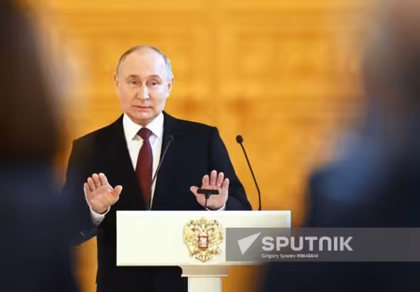 Russian President Vladimir Putin delivers a speech during a meeting with election campaign workers at the Grand Kremlin Palace, in Moscow, Russia, March 20, 2024. Photo: Grigory Sysoev/Sputnik.