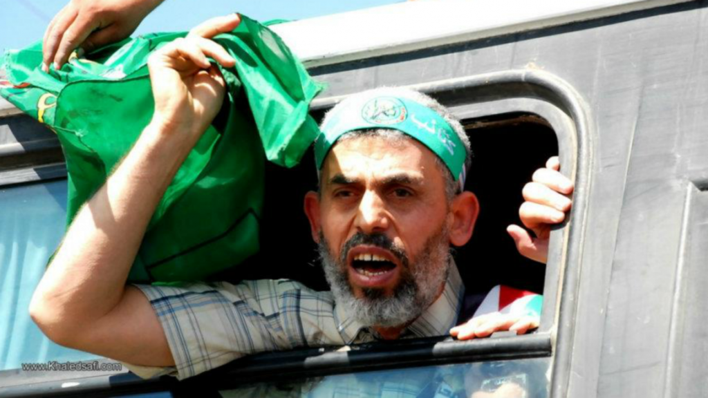 Yahya Sinwar, leader of the Hamas Islamic Resistance Movement, celebrates his freedom from occupation prisons in 2011 following a successful prisoner exchange. Photo: Khaled Safi.