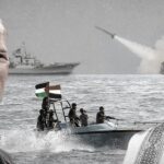 US President Joe Biden (left) and Ansarallah leader Abdel Malik al-Houthi (right), with a container ship and a boat flying Yemeni and Palestinian flags in the background. Photo compilation: The Cradle.