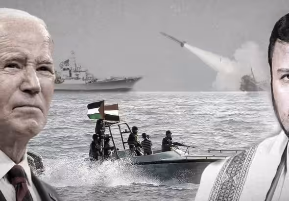 US President Joe Biden (left) and Ansarallah leader Abdel Malik al-Houthi (right), with a container ship and a boat flying Yemeni and Palestinian flags in the background. Photo compilation: The Cradle.
