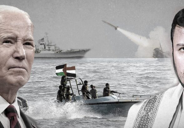 US President Joe Biden (left) and Ansarallah leader Abdel Malik al-Houthi (right), with a container ship and a boat flying Yemeni and Palestinian flags in the background. Photo compilation: The Cradle.