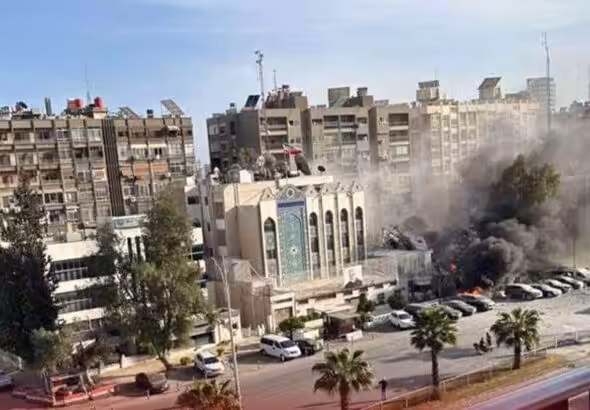 A building next to the Iranian Embassy in the Syrian capital of Damascus comes under a missile attack on April 1, 2024. Photo: PressTV/File photo.