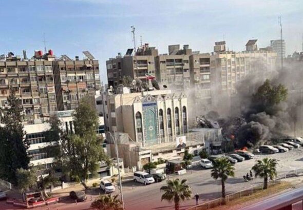 A building next to the Iranian Embassy in the Syrian capital of Damascus comes under a missile attack on April 1, 2024. Photo: PressTV/File photo.