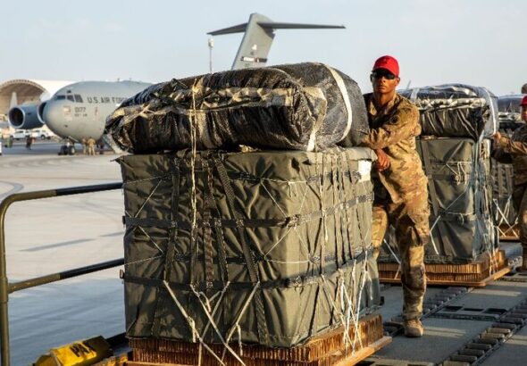 US Air Force members work on the preparation of a humanitarian aid drop for Gaza residen March 5, 2024. Photo: US Central Command/X/Handout/REUTERS/File Photo.