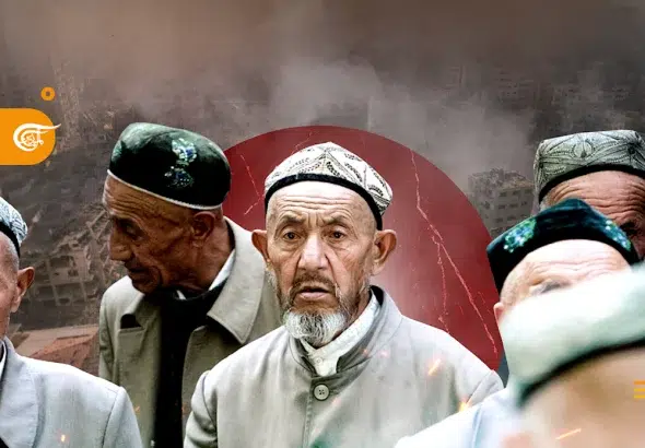 Elderly Uyghur men with images of bombed buildings in the background. Photo compilation: Al-Mayadeen.