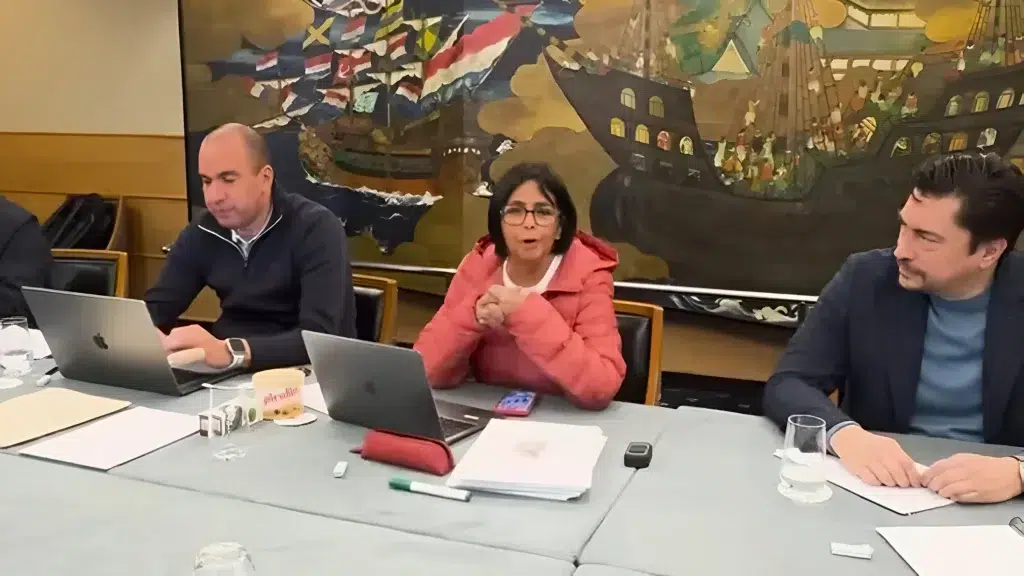 Venezuelan Vice President Delcy Rodríguez issues statements after arriving in the Netherlands for a new round of International Court of Justice hearings on the Essequibo case. Photo: Video screenshot/X/@delcyrodriguezv.