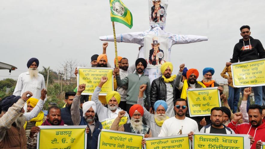 Protesting farmers holding banners, flags and an effigy of 'Uncle Sam,' February 26, 2024. Photo: Sabrang India/ANI.