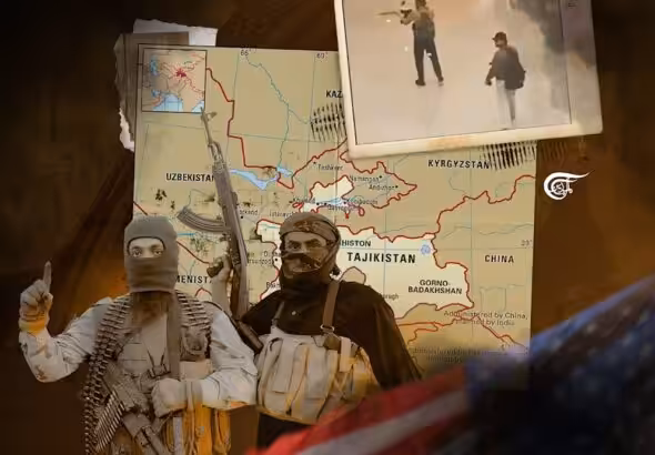 Heavily armed fighters (center) with a map of Central Asia in the background and a photo of the shouters in the Crocus Moscow terrorist attack and a US flag. Photo: Al Mayadeen illustration by Zeinab El-Hajj.