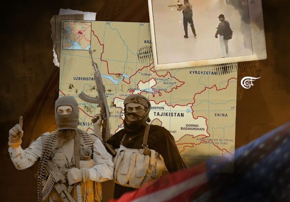 Heavily armed fighters (center) with a map of Central Asia in the background and a photo of the shouters in the Crocus Moscow terrorist attack and a US flag. Photo: Al Mayadeen illustration by Zeinab El-Hajj.