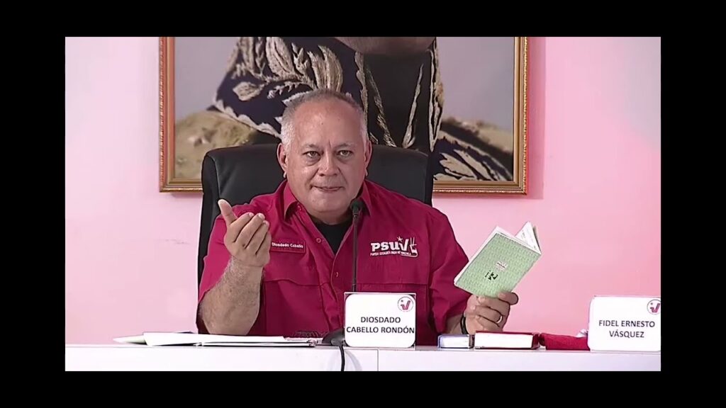 Screenshot of PSUV Deputy Diosdado Cabello holding the Organic Law of Electoral Processes during the weekly PSUV press conference on Monday, April 1, 2024. Photo: YouTube/@Mazo4F-envivo.