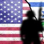 Photo composition showing an US flag (left), Israeli flag (top right), Iranian flag (bottom right), and a soldier silhouette (front). Photo: Caitlin Johnstone.