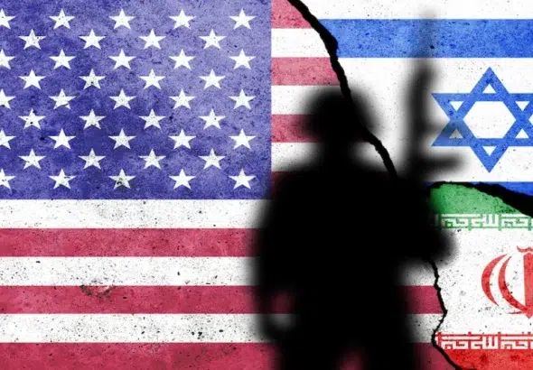 Photo composition showing an US flag (left), Israeli flag (top right), Iranian flag (bottom right), and a soldier silhouette (front). Photo: Caitlin Johnstone.