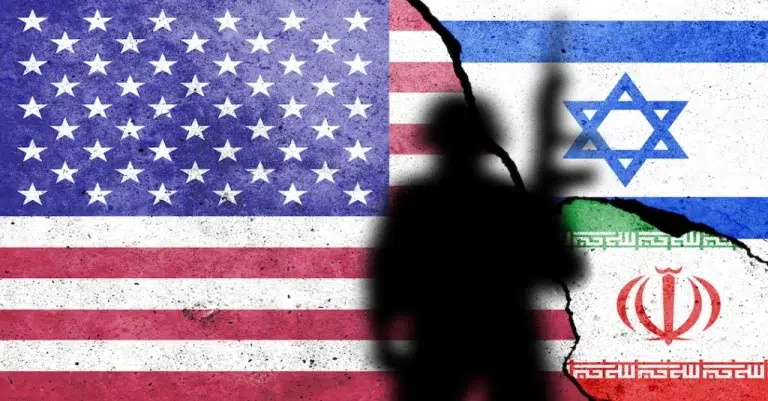 Photo composition showing an US flag (left), Israeli flag (top right), Iranian flag (bottom right), and a soldier silhouette (front). Photo: Caitlin Johnstone.