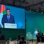 Nicaraguan Delegation Head Valdrack Jaentschke speaks at COP28 in Dubai. Photo: Nicaragua Solidarity Campaign.