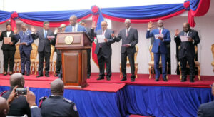 The infamous swearing-in on Apr. 25, 2024 of the nine members of Haiti’s Transitional Presidential Council, conceived by Washington, sold by CARICOM. Photo: Haïti Liberté.