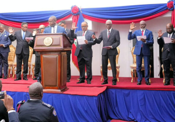 The infamous swearing-in on Apr. 25, 2024 of the nine members of Haiti’s Transitional Presidential Council, conceived by Washington, sold by CARICOM. Photo: Haïti Liberté.