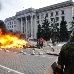 Mass unrest at the Odessa Trade Unions Building in Odessa on May 2, 2014, which culminated in the deaths of nearly 50 anti-Maidan activists - most of them burning alive in the building. Photo: Odessa Media News Agency/Sputnik/File photo.