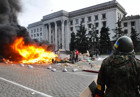 Mass unrest at the Odessa Trade Unions Building in Odessa on May 2, 2014, which culminated in the deaths of nearly 50 anti-Maidan activists - most of them burning alive in the building. Photo: Odessa Media News Agency/Sputnik/File photo.