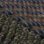 Russian servicemen march in columns before a military parade on Victory Day, which marks the 79th anniversary of the victory over Nazi Germany in World War Two, in Moscow, Russia. Photo: Vyacheslav Prokofiev/Sputnik.