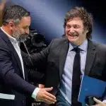 Spanish far-right Vox party leader Santiago Abascal greets Argentina's President Javier Milei during the rally where Milei insulted Spain's Prime Minister Pedro Sanchez. Madrid, Spain,  May 19, 2024. Photo: Ana Beltran/Reuters.
