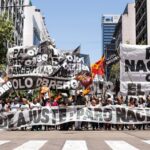 Protestors holding national strike banners during a demonstration in Buenos Aires in 2022. Photo: El Polo Obrero/file photo.