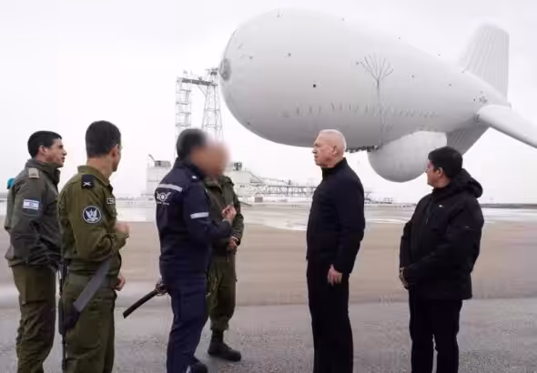 Israeli minister of military affairs Yoav Gallant meets air force soldiers at a base north of the occupied territories housing a giant spy balloon, on February 20, 2024. Photo: PressTV.