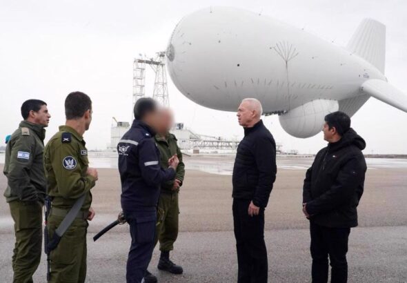 Israeli minister of military affairs Yoav Gallant meets air force soldiers at a base north of the occupied territories housing a giant spy balloon, on February 20, 2024. Photo: PressTV.